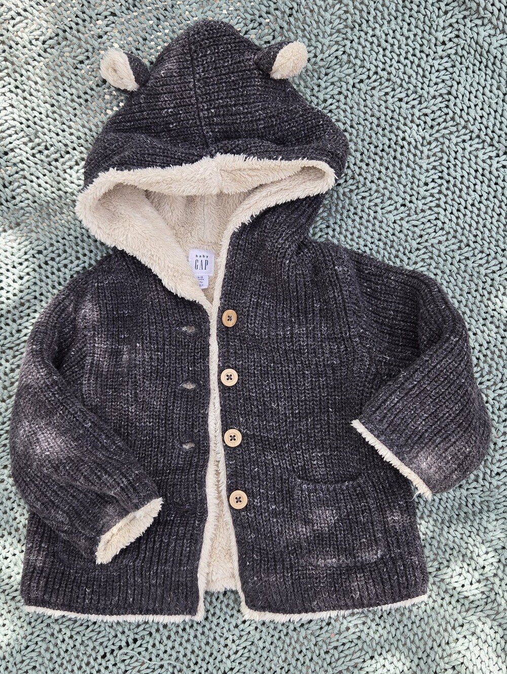 GAP Kids Charcoal Hooded Knit Jacket with Cream Sherpa Lining